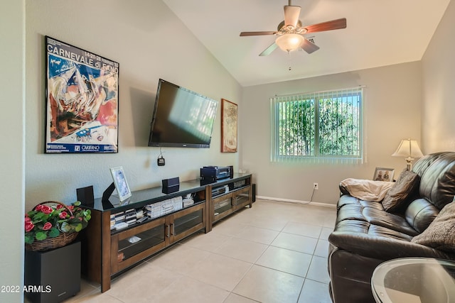 living room with light tile patterned flooring, ceiling fan, and lofted ceiling