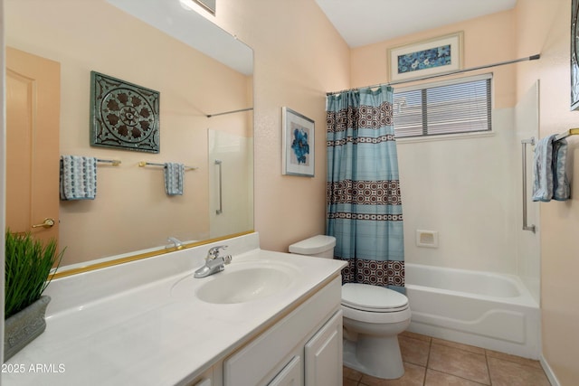 bathroom with shower / tub combo, vanity, toilet, and tile patterned floors