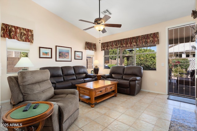 living room with lofted ceiling, baseboards, visible vents, and a ceiling fan