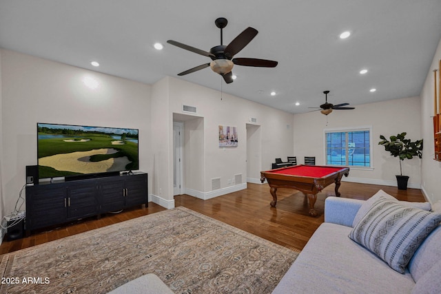 rec room featuring recessed lighting, pool table, ceiling fan, and wood finished floors