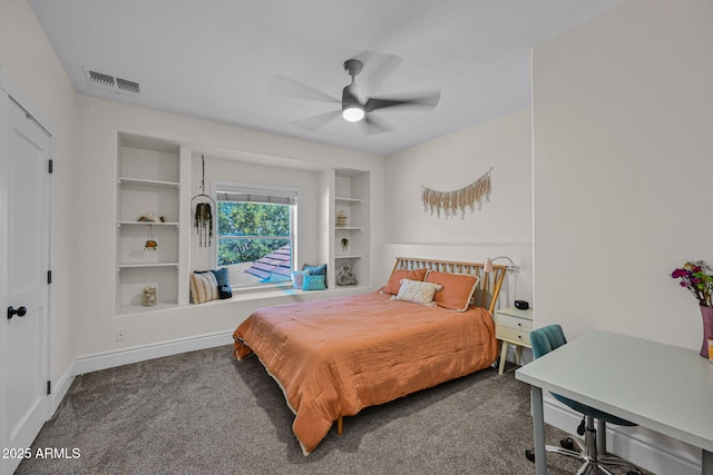 bedroom with visible vents, ceiling fan, baseboards, and carpet floors