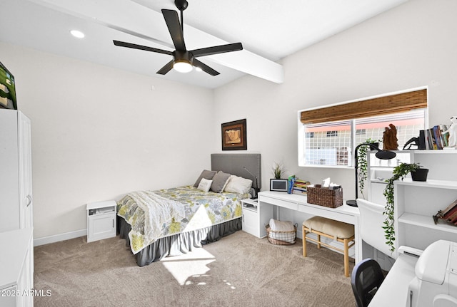 bedroom with light colored carpet, baseboards, and a ceiling fan