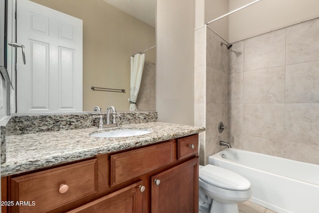 full bathroom featuring toilet, shower / bath combination with curtain, and vanity