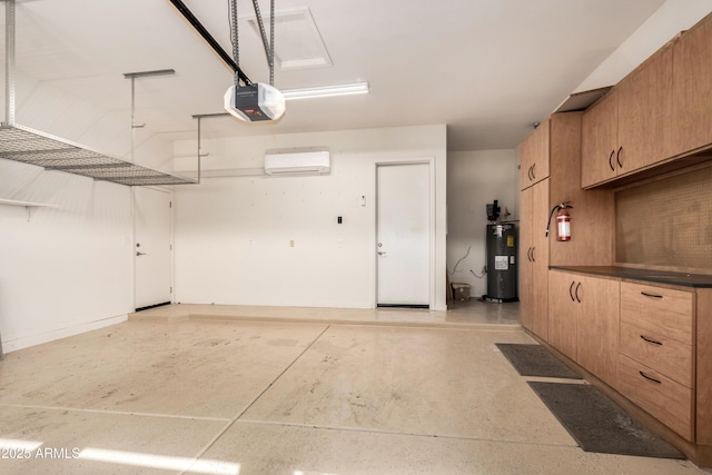 garage featuring a wall mounted air conditioner, water heater, and a garage door opener