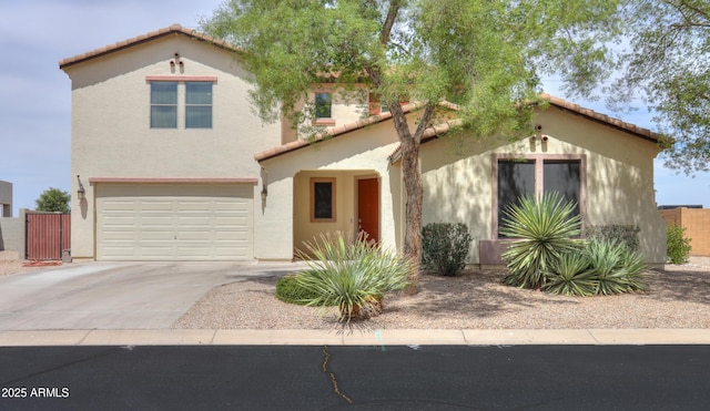 40232 W Marion May Ln, Maricopa, AZ 85138 - mediterranean / spanish home featuring stucco siding, a garage, driveway, and a tiled roof