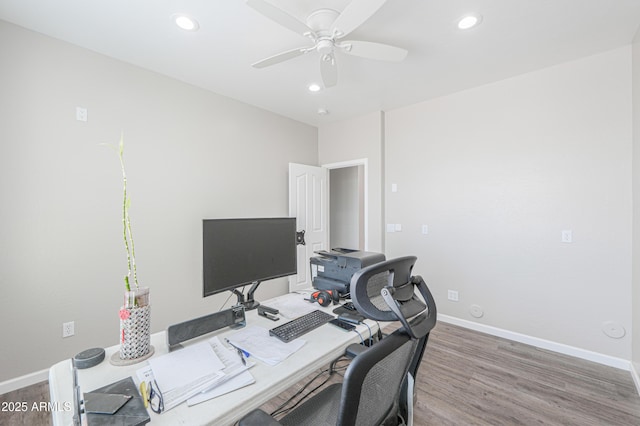 40232 W Marion May Ln, Maricopa, AZ 85138 - office featuring a ceiling fan, wood finished floors, recessed lighting, and baseboards