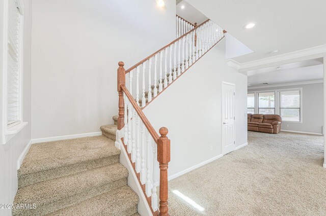 40232 W Marion May Ln, Maricopa, AZ 85138 - stairway with carpet flooring, ornamental molding, baseboards, and recessed lighting