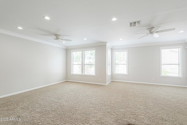 40232 W Marion May Ln, Maricopa, AZ 85138 - empty room featuring a ceiling fan, crown molding, baseboards, light carpet, and recessed lighting