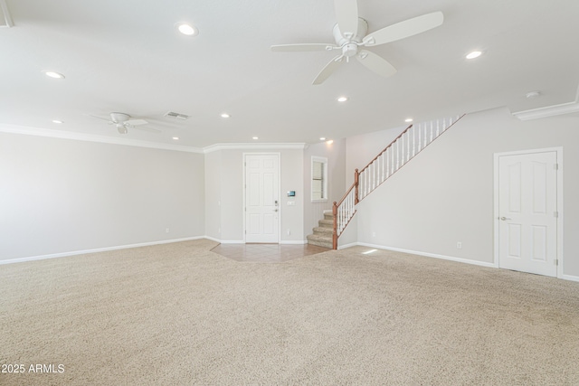 40232 W Marion May Ln, Maricopa, AZ 85138 - unfurnished living room with a ceiling fan, carpet, ornamental molding, recessed lighting, and stairs