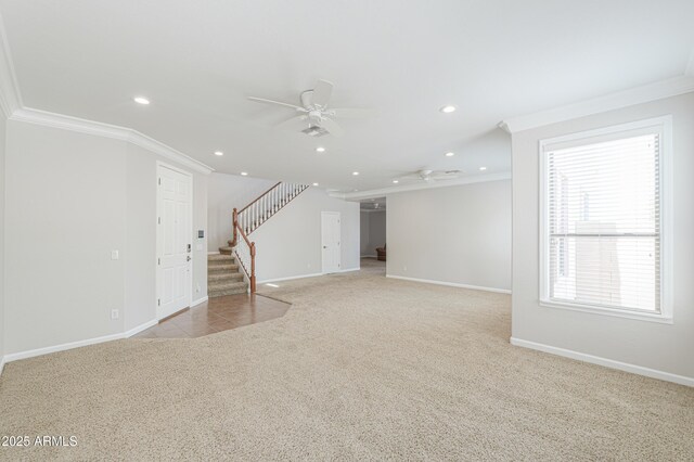 40232 W Marion May Ln, Maricopa, AZ 85138 - unfurnished living room featuring crown molding, light colored carpet, recessed lighting, baseboards, and stairway