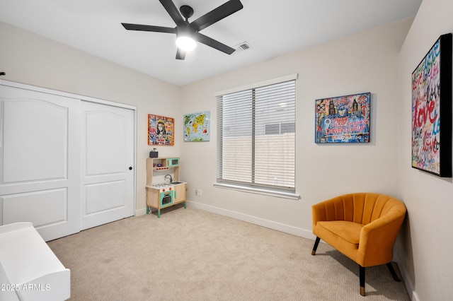 1748 E Cortez Dr, Gilbert, AZ 85234 - sitting room with baseboards, a ceiling fan, carpet flooring, and visible vents