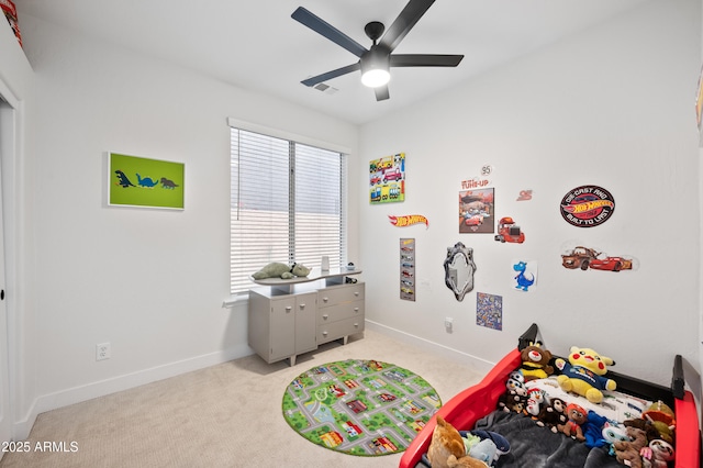 1748 E Cortez Dr, Gilbert, AZ 85234 - bedroom with baseboards, light carpet, a ceiling fan, and visible vents