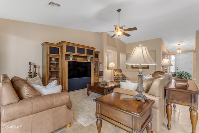 6870 S Justin Way, Chandler, AZ 85249 - living area featuring ceiling fan and vaulted ceiling