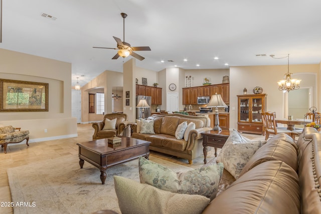 6870 S Justin Way, Chandler, AZ 85249 - living area featuring a chandelier, ceiling fan, baseboards, and recessed lighting