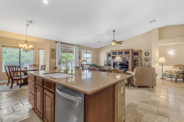 6870 S Justin Way, Chandler, AZ 85249 - kitchen featuring a sink, dishwasher, stone tile floors, lofted ceiling, and open floor plan