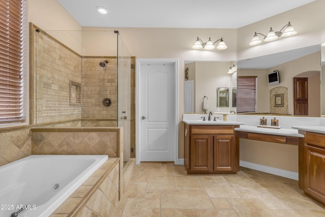 6870 S Justin Way, Chandler, AZ 85249 - bathroom featuring a stall shower, a bath, vanity, and stone tile flooring