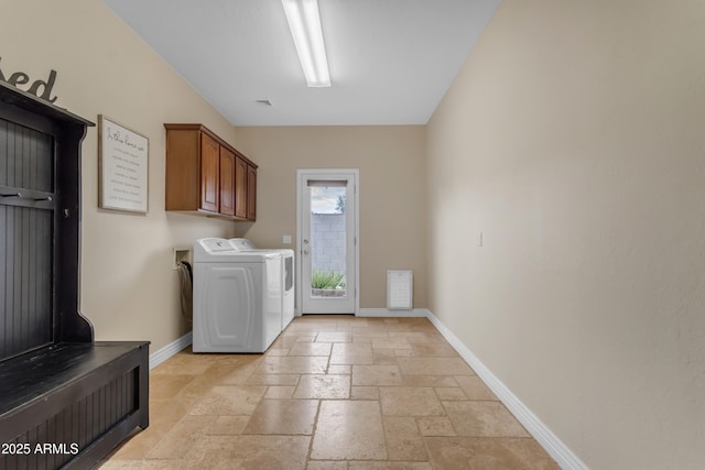 6870 S Justin Way, Chandler, AZ 85249 - laundry area with cabinet space, washer and dryer, stone tile flooring, and baseboards
