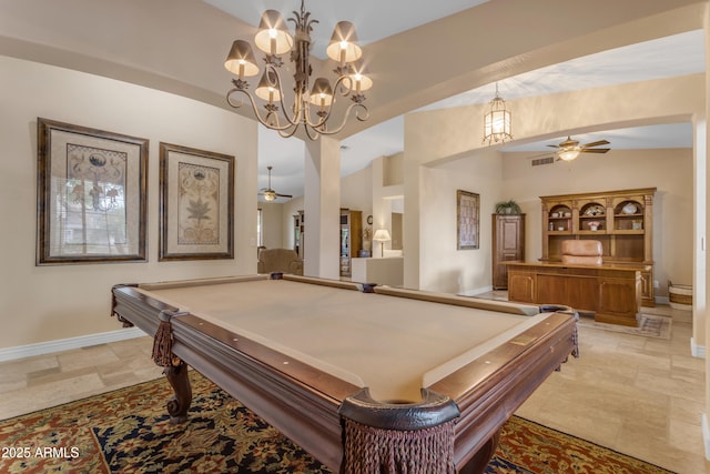6870 S Justin Way, Chandler, AZ 85249 - recreation room featuring ceiling fan, baseboards, billiards, and stone tile floors