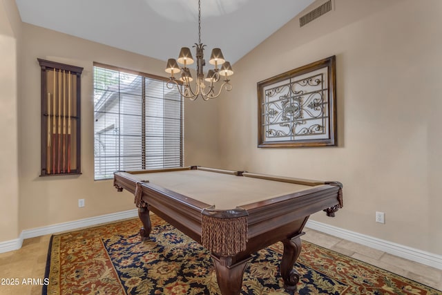 6870 S Justin Way, Chandler, AZ 85249 - playroom featuring lofted ceiling, baseboards, a chandelier, billiards table, and light tile patterned flooring