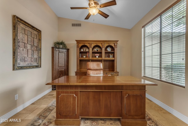 6870 S Justin Way, Chandler, AZ 85249 - home office with a ceiling fan, vaulted ceiling, healthy amount of natural light, and baseboards