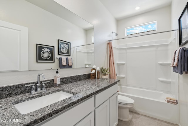 full bathroom with vanity, tile patterned flooring, shower / bath combination with curtain, and toilet