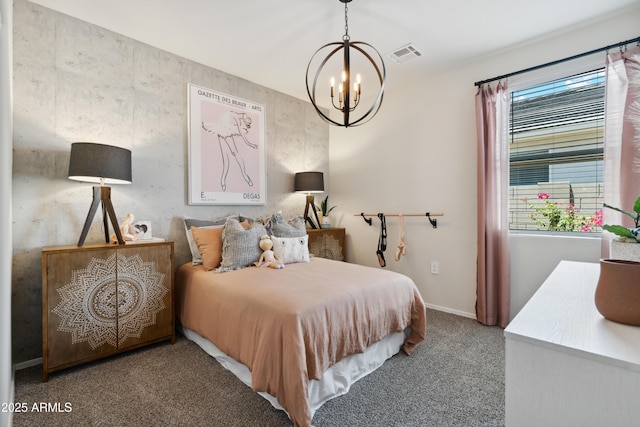 carpeted bedroom with visible vents and a notable chandelier