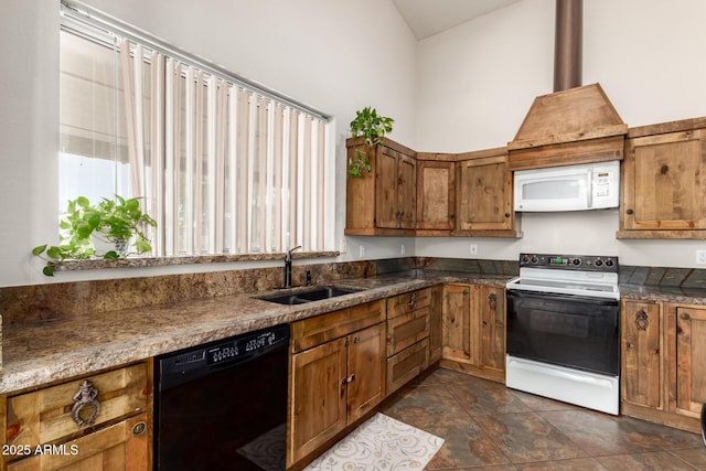 kitchen with brown cabinetry, electric range, a sink, white microwave, and black dishwasher