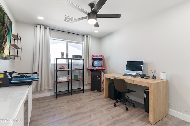office with light wood-style flooring, recessed lighting, visible vents, a ceiling fan, and baseboards