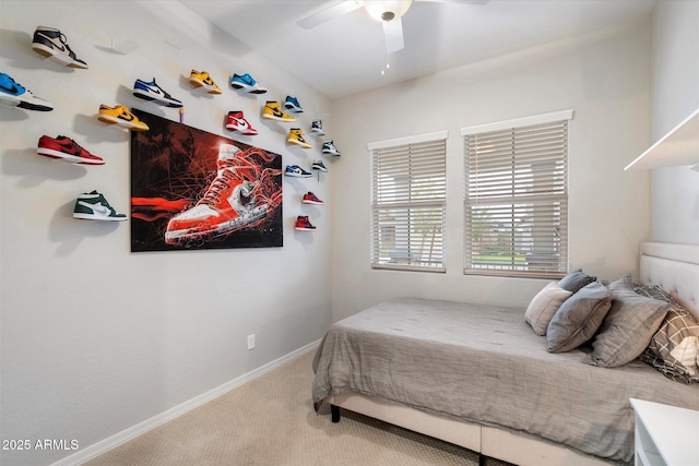 bedroom with carpet flooring, baseboards, and ceiling fan