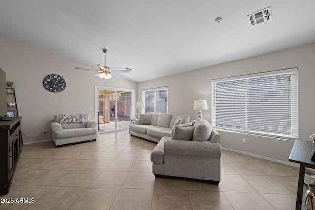 3905 E Derringer Way, Gilbert, AZ 85297 - living room with light tile patterned flooring, vaulted ceiling, and ceiling fan