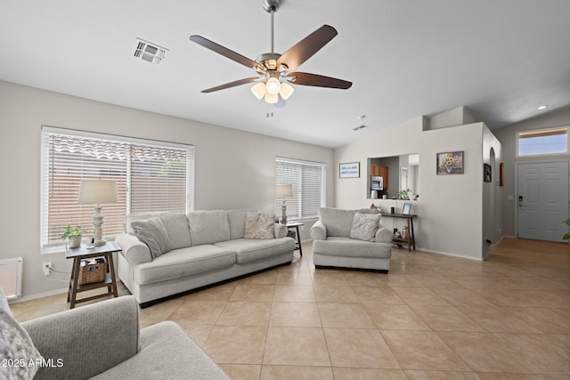 3905 E Derringer Way, Gilbert, AZ 85297 - living room featuring ceiling fan, lofted ceiling, and light tile patterned floors