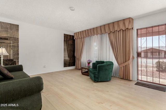 sitting room with a textured ceiling and wood finished floors