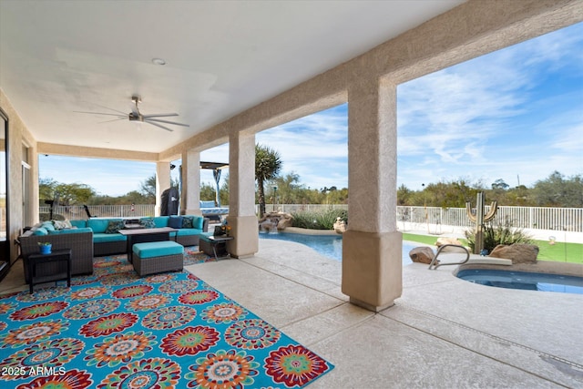 view of patio featuring a fenced in pool, an outdoor hangout area, and ceiling fan