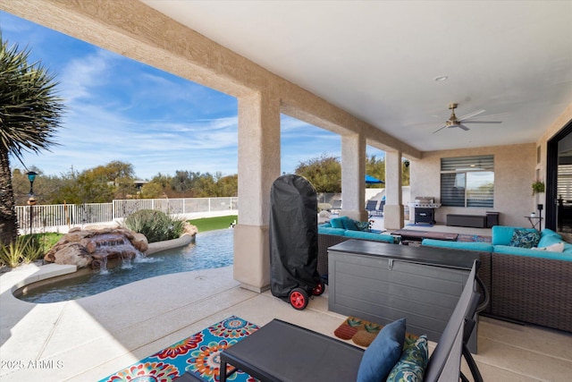 view of patio featuring ceiling fan and an outdoor living space