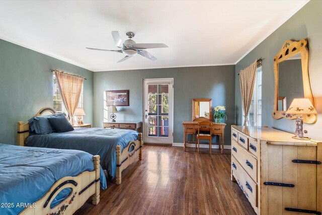 1614 Palmcroft Dr SW, Phoenix, AZ 85007 - bedroom featuring ceiling fan, baseboards, dark wood-style floors, and ornamental molding