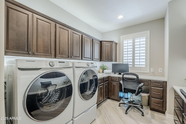 841 E Farmers Ln, Queen Creek, AZ 85140 - washroom featuring washing machine and clothes dryer, cabinet space, a desk, and recessed lighting