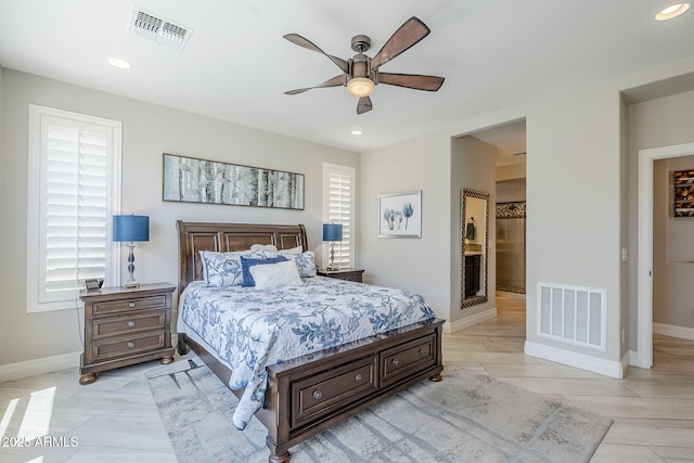 841 E Farmers Ln, Queen Creek, AZ 85140 - bedroom with baseboards, recessed lighting, a ceiling fan, and ensuite bathroom
