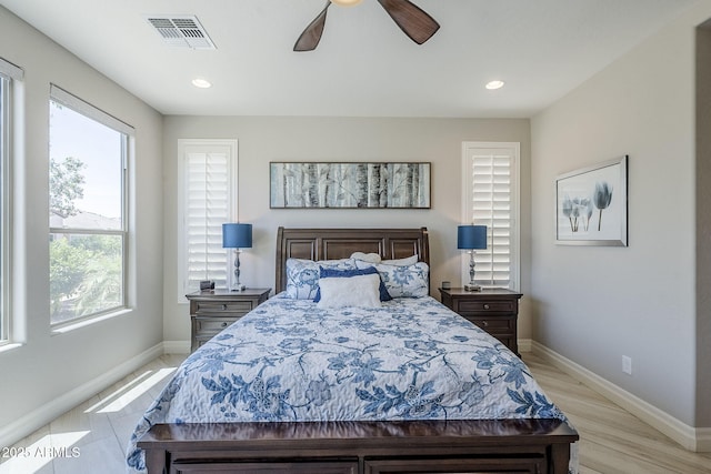 841 E Farmers Ln, Queen Creek, AZ 85140 - bedroom with baseboards, recessed lighting, a ceiling fan, and light wood-style floors