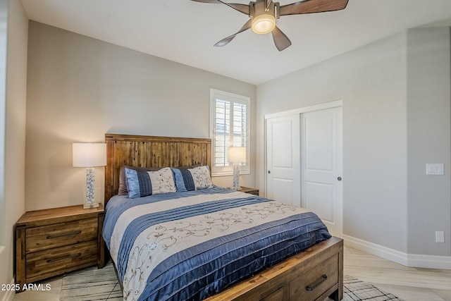 841 E Farmers Ln, Queen Creek, AZ 85140 - bedroom featuring baseboards, a closet, and ceiling fan