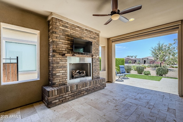 841 E Farmers Ln, Queen Creek, AZ 85140 - view of patio / terrace with an outdoor brick fireplace and a ceiling fan