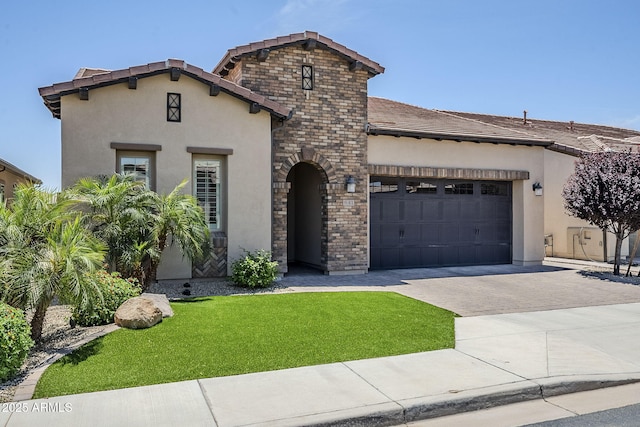 841 E Farmers Ln, Queen Creek, AZ 85140 - mediterranean / spanish-style house with stucco siding, a garage, decorative driveway, a front lawn, and stone siding