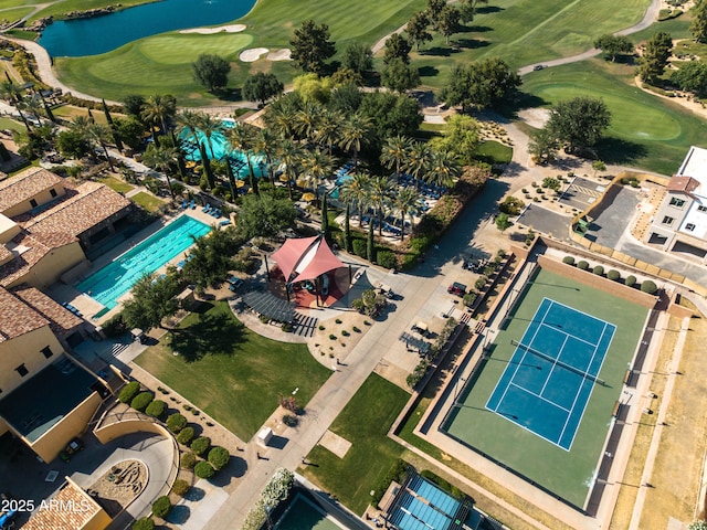 841 E Farmers Ln, Queen Creek, AZ 85140 - aerial view of property and surrounding area with a golf course, a nearby body of water, and a pool