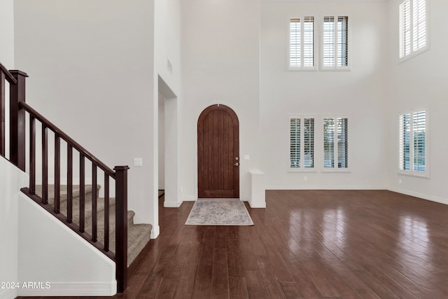 foyer entrance with a wealth of natural light, dark hardwood / wood-style flooring, and a towering ceiling