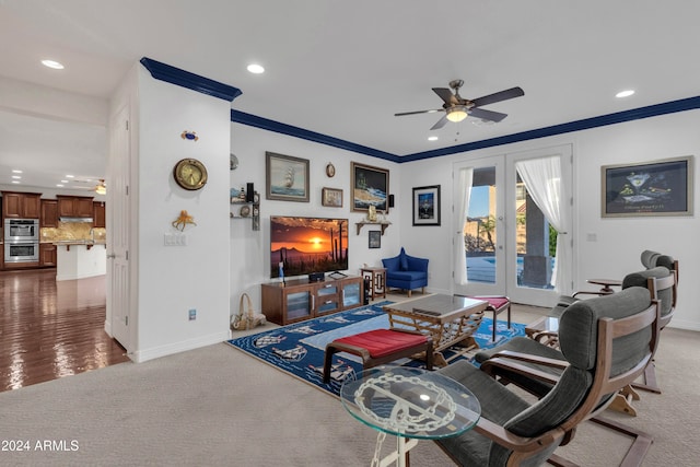 living room with french doors, carpet floors, ceiling fan, and crown molding