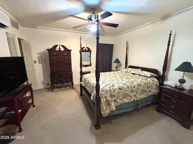 carpeted bedroom featuring crown molding, a wall unit AC, and ceiling fan