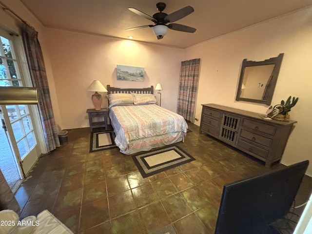 bedroom with crown molding and ceiling fan