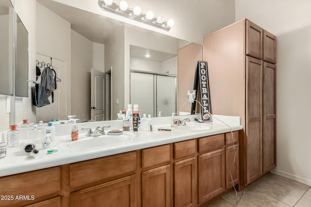 bathroom with tile patterned flooring, vanity, and a shower with shower door