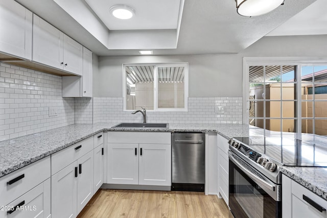 kitchen featuring tasteful backsplash, white cabinetry, stainless steel range with electric stovetop, and sink