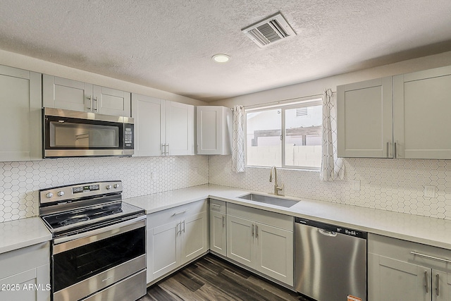 3017 N 46th Dr, Phoenix, AZ 85031 - kitchen featuring stainless steel appliances, a sink, dark wood-style floors, light countertops, and gray cabinetry