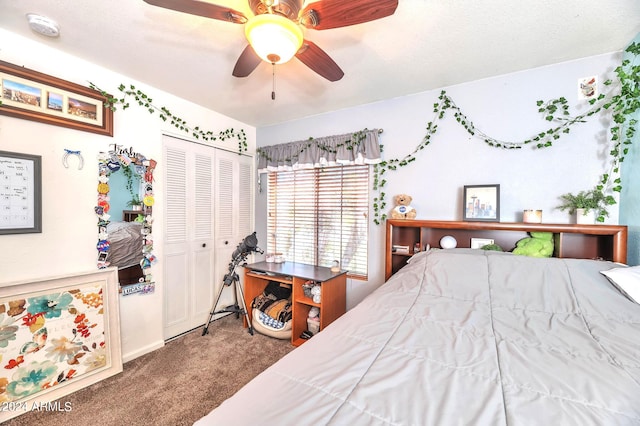 bedroom with a closet, carpet flooring, and ceiling fan